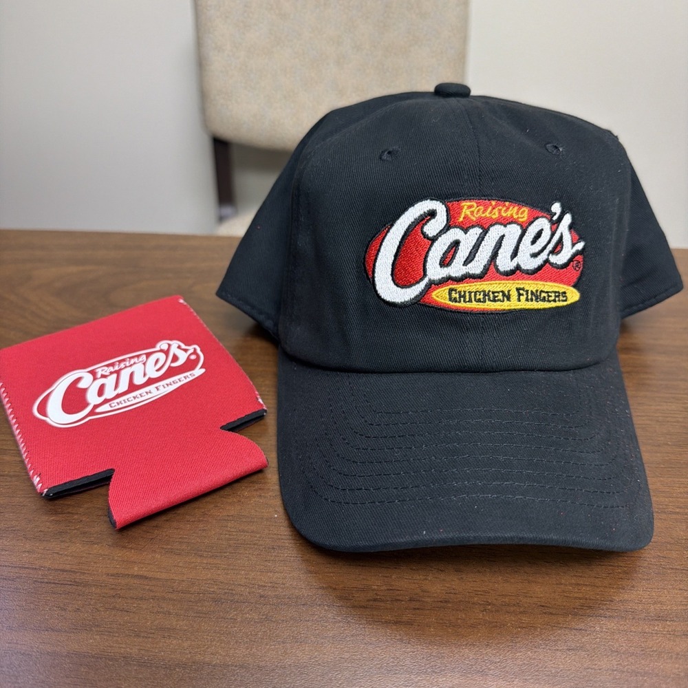 Raising Cane's Hat Cap + Koozie Set Chicken Fingers Logo Black Adjustable Lot